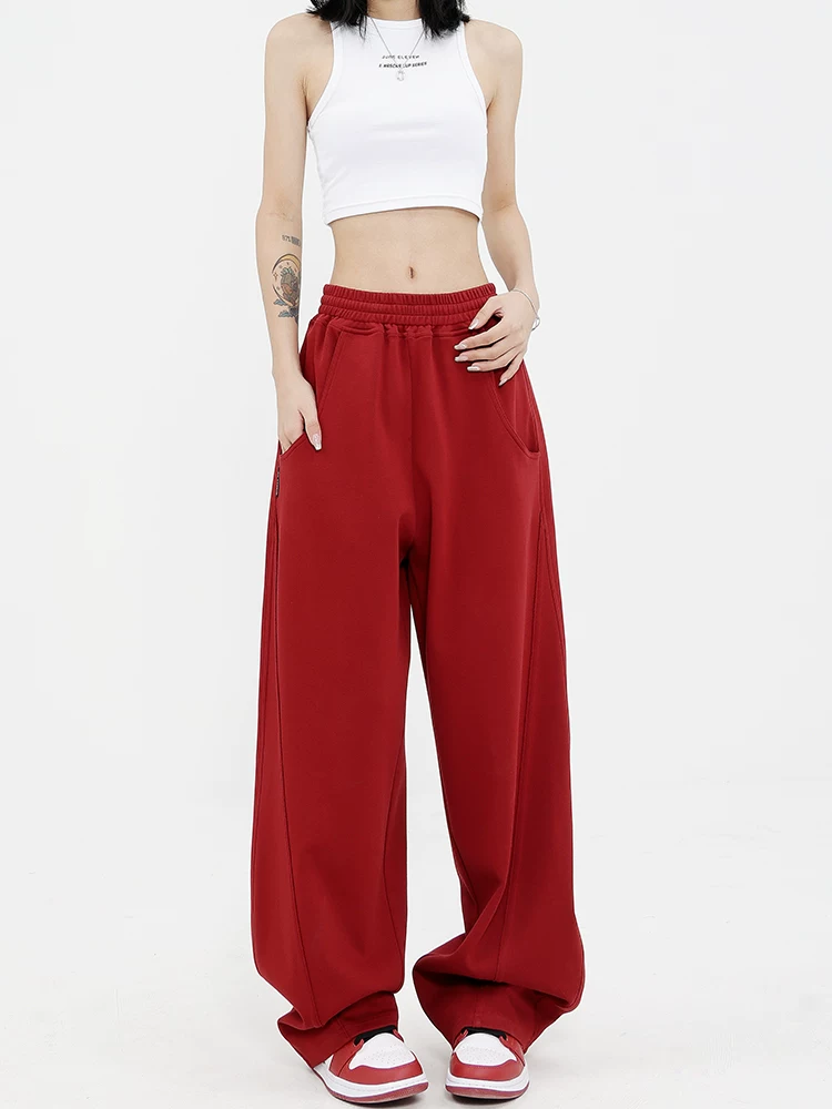 KEN STUDIO2025 Xuân Thu Quần Thể Thao Màu Đỏ Nữ Cao Cấp Quần Dáng Chuối Quần Ống Rộng Quần Âu Quần Thể Thao Quần Dài