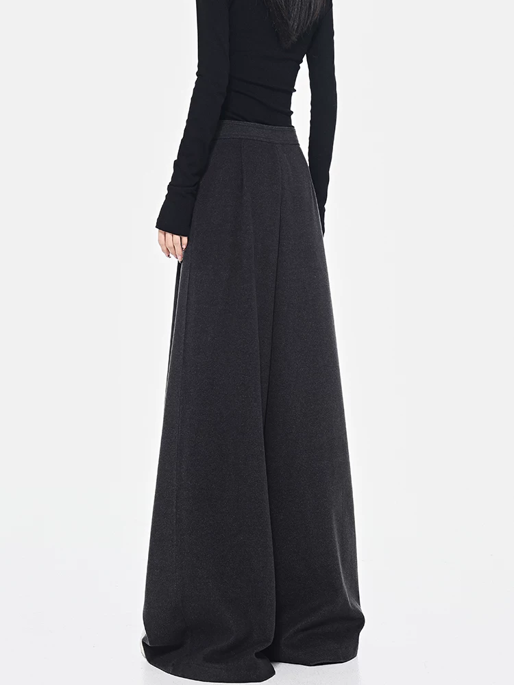 KEN STUDIO Quần dài ống rộng màu xám thu đông mới dành cho nữ, quần dài dáng rộng đa năng lưng cao