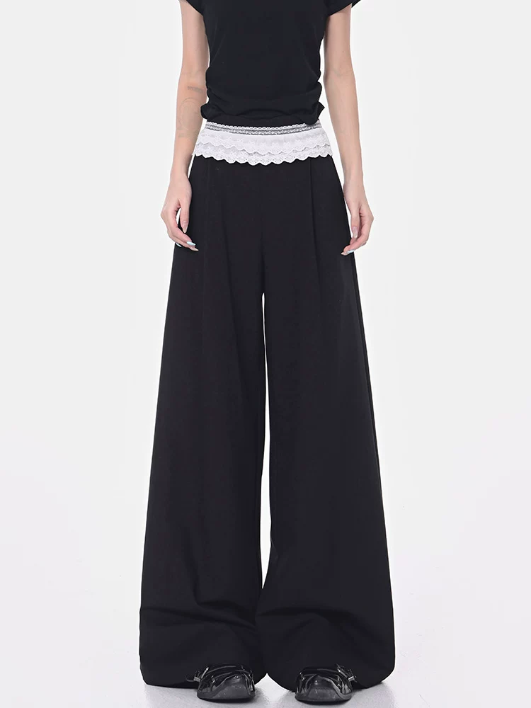 Quần vest chắp vá viền ren đen của KEN STUDIO dành cho nữ, phong cách mùa hè mới, quần ống rộng dài đến sàn, dáng rộng và xếp nếp