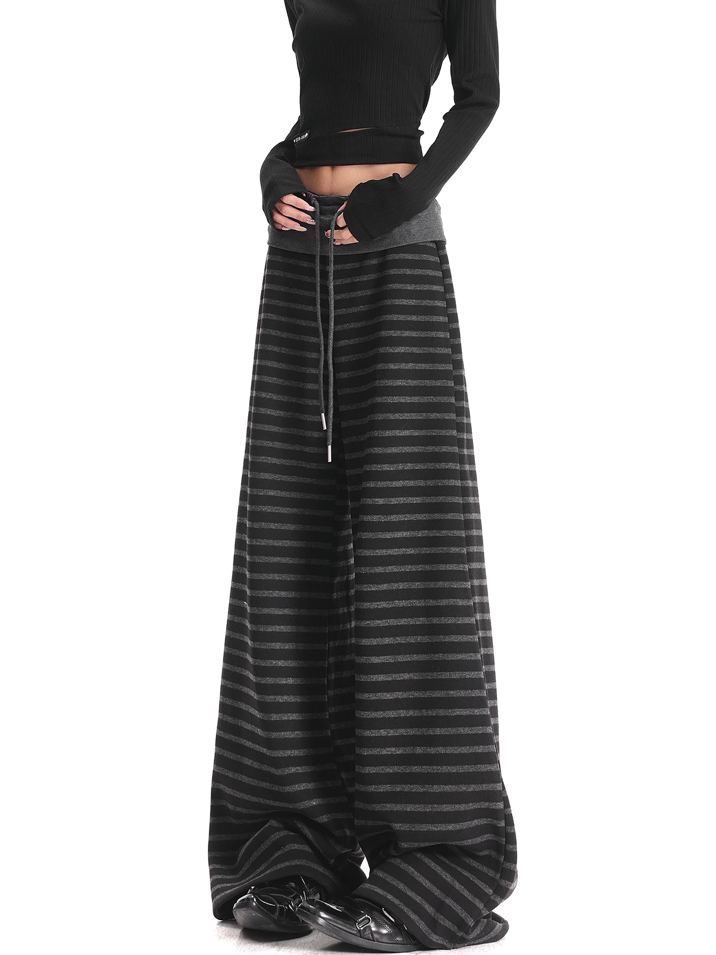 KEN STUDIO quần dài sọc kẻ sọc màu đen lót lông cừu mùa thu đông mới quần ống rộng đa năng quần dài đến sàn