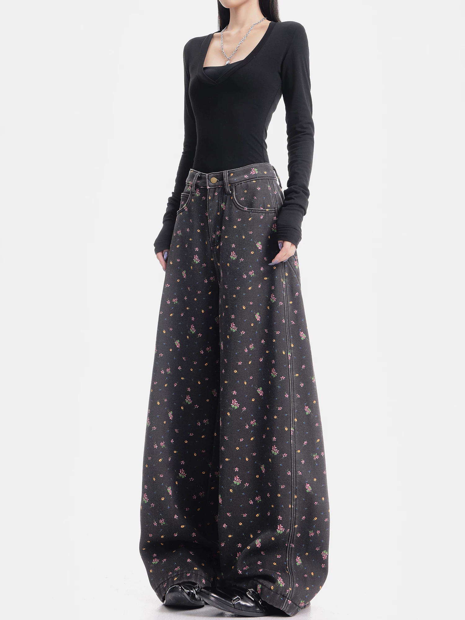 KEN STUDIO quần jean ống rộng họa tiết hoa cà phê đậm phong cách mới thu đông dành cho nữ, quần dài ống rộng dày dặn và lót lông cừu.