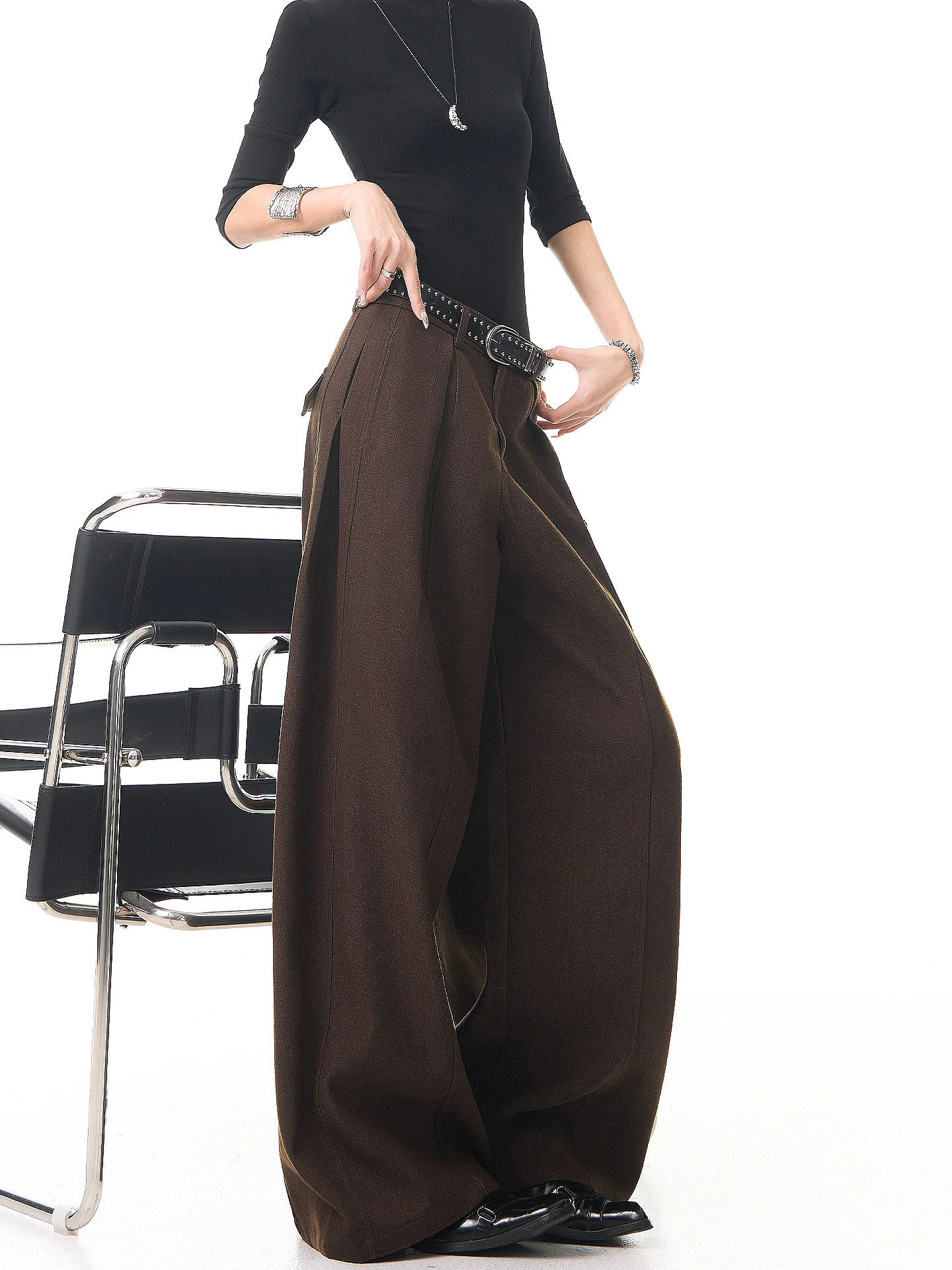 KEN STUDIO quần âu dày màu cà phê cổ điển mới mùa thu đông dành cho nữ, quần cạp cao, tôn dáng, quần ống rộng dài chạm sàn