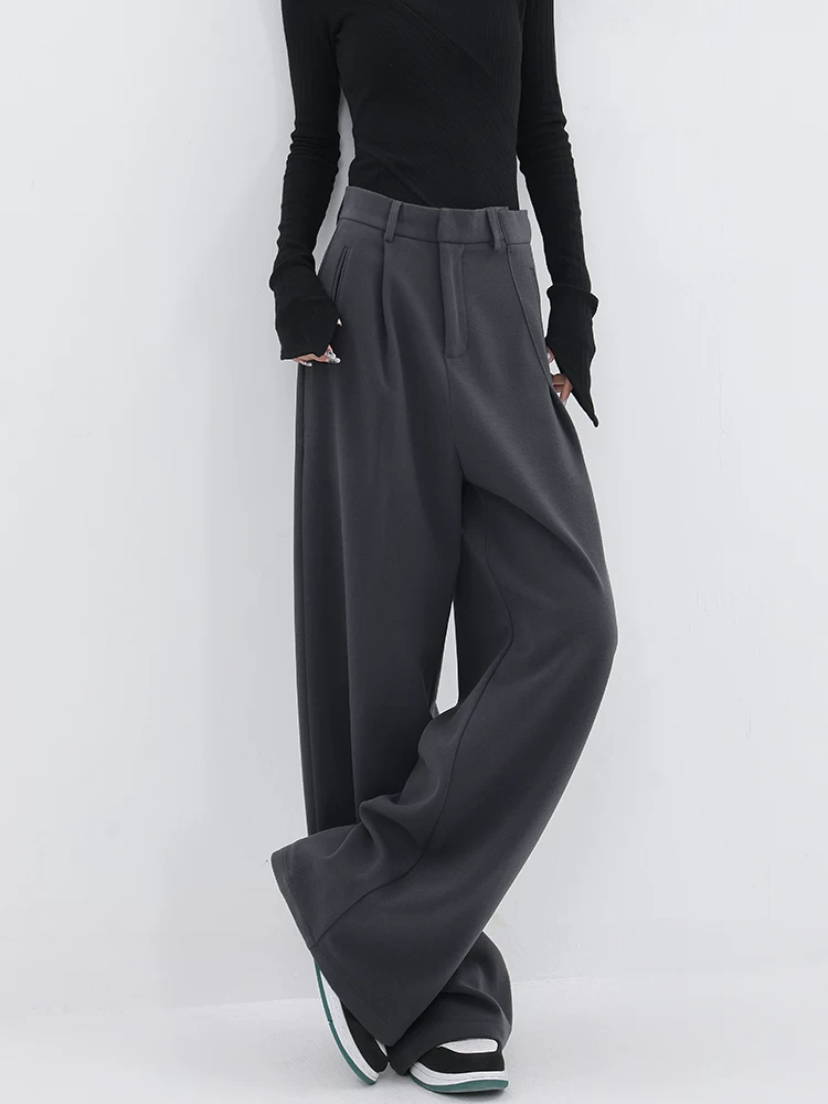 KEN STUDIO thiết kế độc đáo quần tây ống rộng bằng len mùa thu đông dành cho nữ, quần dài màu xám tôn dáng, quần dài thông thường