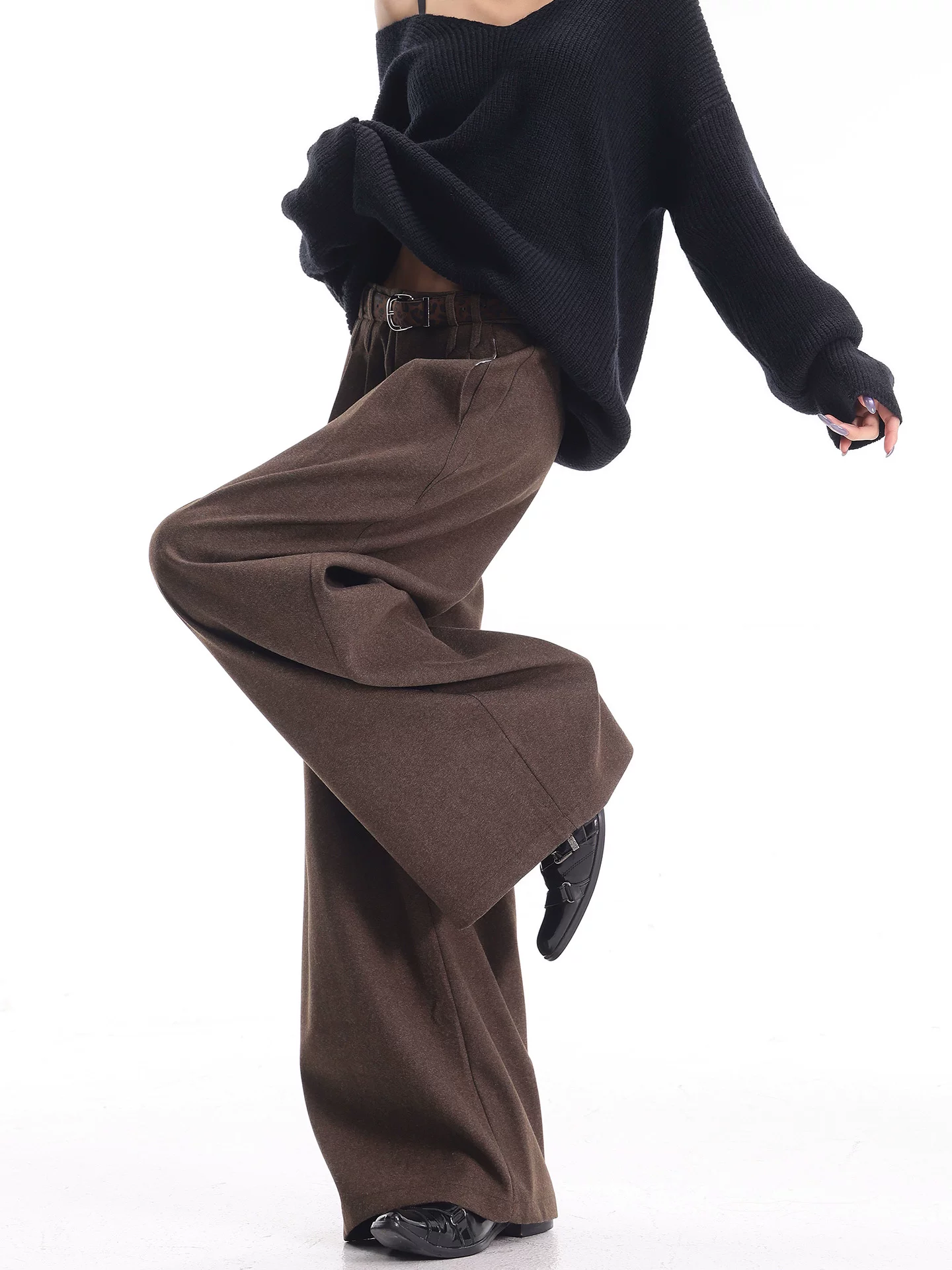 KEN STUDIO mùa thu đông mới phong cách cổ điển quần âu màu cà phê dành cho nữ, quần ống rộng đa năng phong cách retro