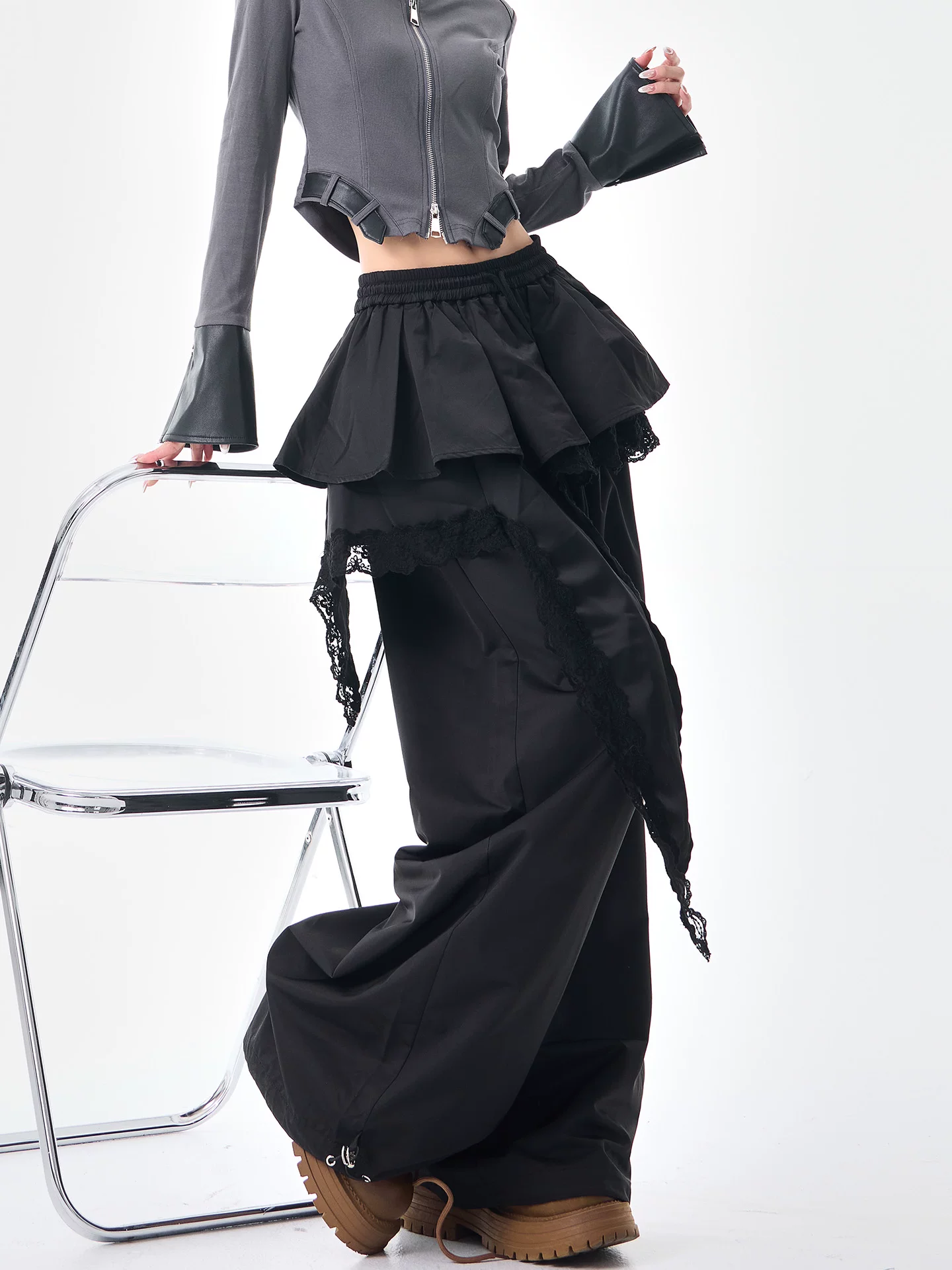 KEN STUDIO đầu mùa thu phong cách mới quần giả hai mảnh màu đen ống rộng kiểu dáng giản dị dành cho nữ với thiết kế viền ren quần ống thẳng