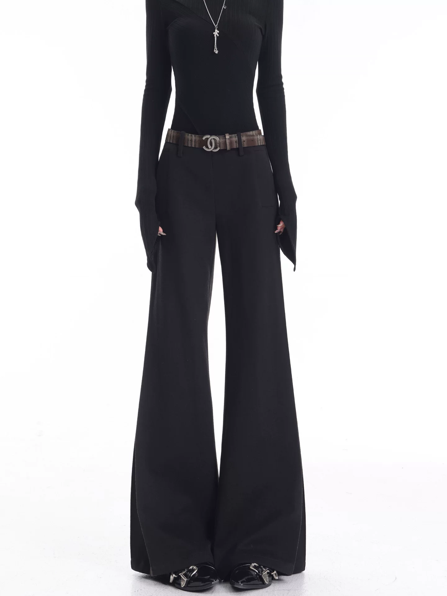 KEN STUDIO Quần vest đen viền loe thu đông mới dành cho nữ, dáng ôm, tôn dáng, quần ống rộng dài chạm sàn