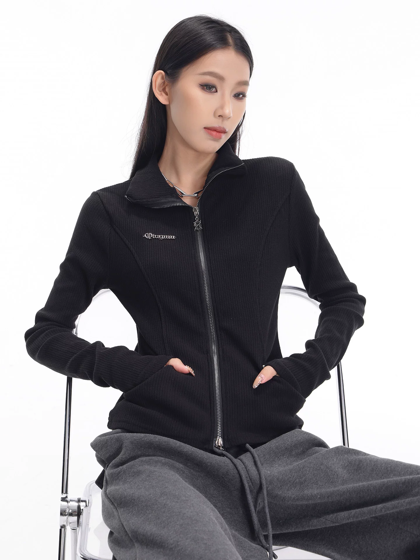 KEN STUDIO mùa thu đông mới phong cách Mỹ áo khoác cardigan dệt kim màu đen dành cho nữ dáng ôm vừa vặn áo dài tay sọc