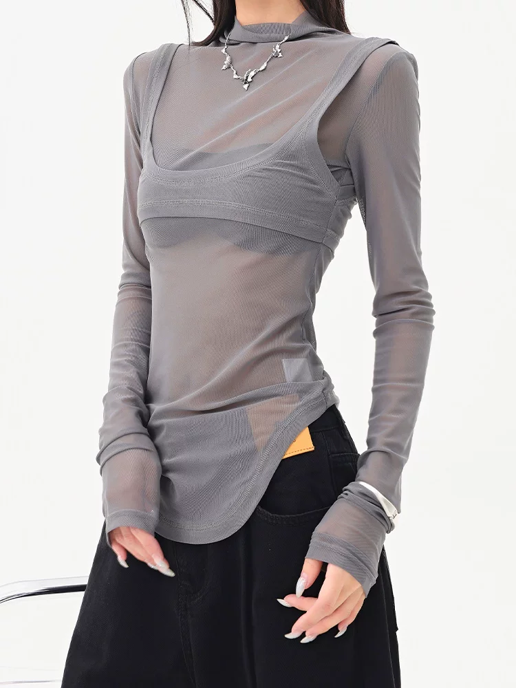 Áo thun dài tay giả hai mảnh kiểu lưới lấy cảm hứng từ thiết kế của KEN STUDIO dành cho nữ, áo kiểu dáng ôm vừa vặn mùa hè mới.