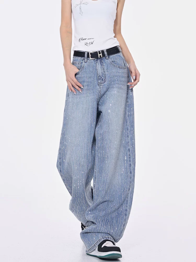 Quần denim ống đứng màu xanh lam lấp lánh đính đá thủ công mùa hè của KEN STUDIO dành cho nữ