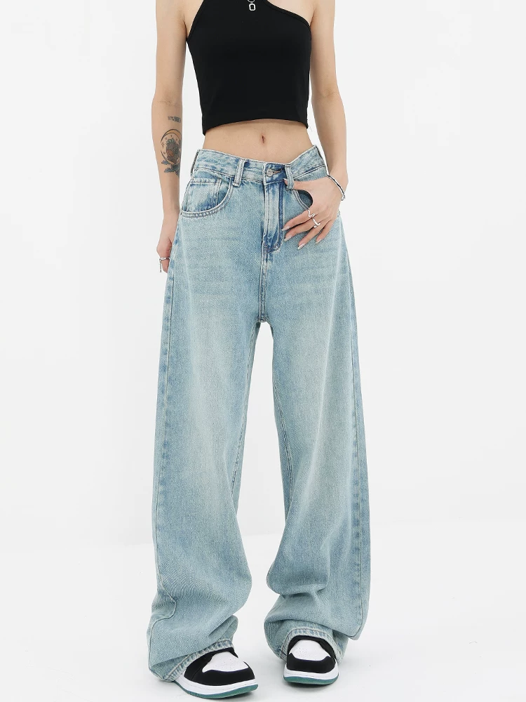 KEN STUDIO quần jean màu xanh nhạt siêu mềm cơ bản mùa thu và mùa hè dành cho nữ quần ống rộng dài đến sàn