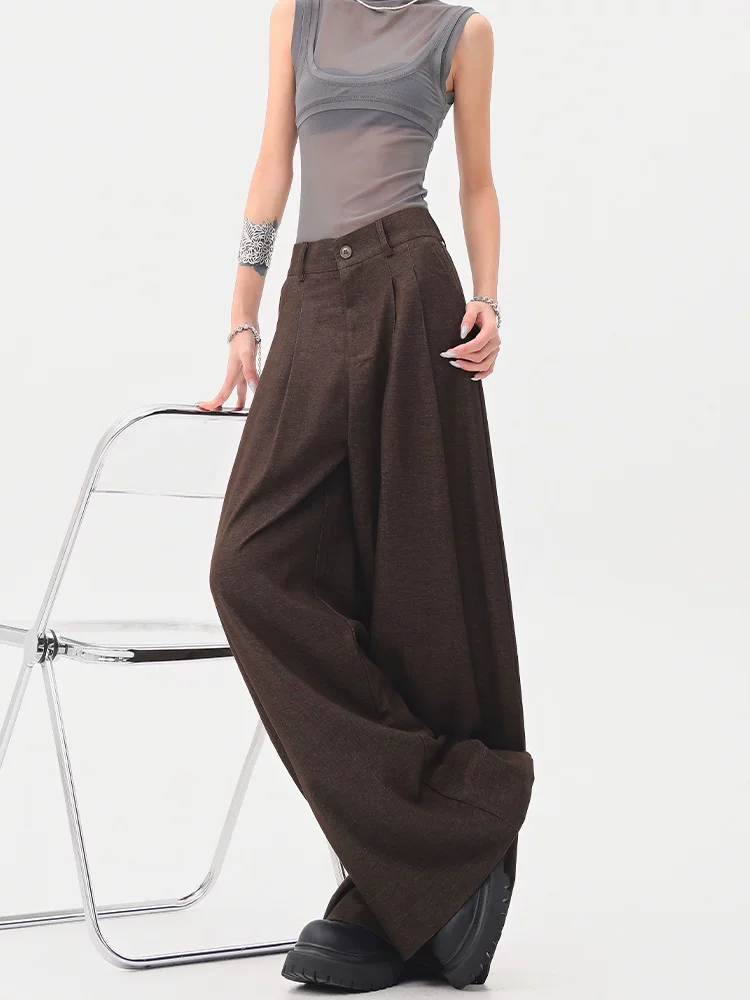 KEN STUDIO Xuân Thu Quần tây màu nâu Melard mới dành cho nữ Quần tây ống rộng có eo bán co giãn dài đến sàn