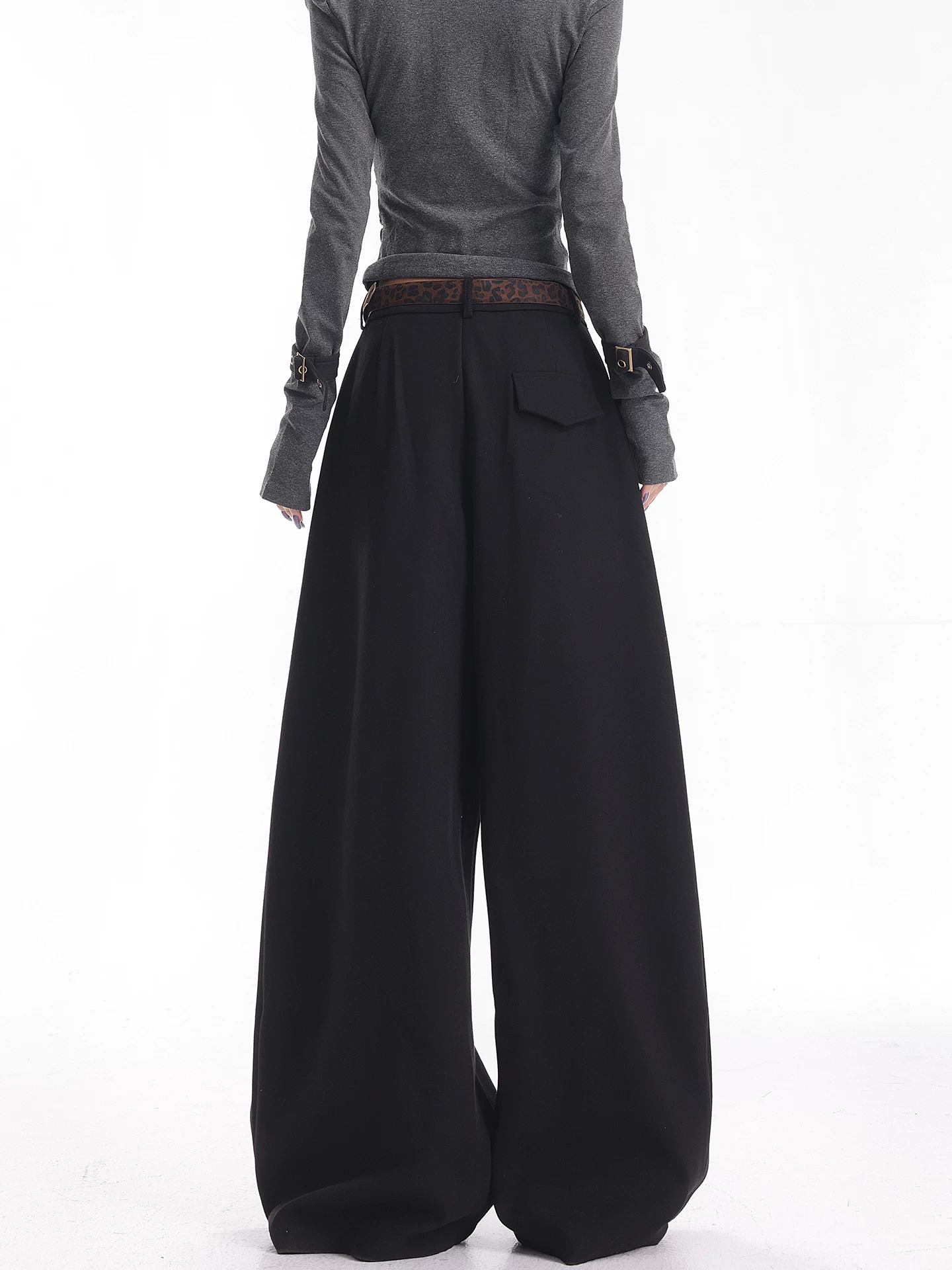 KEN STUDIO Quần tây ống rộng màu đen chải kỹ mùa thu đông mới dành cho nữ, quần dài xếp ly dáng rộng, dáng rộng, dài đến sàn