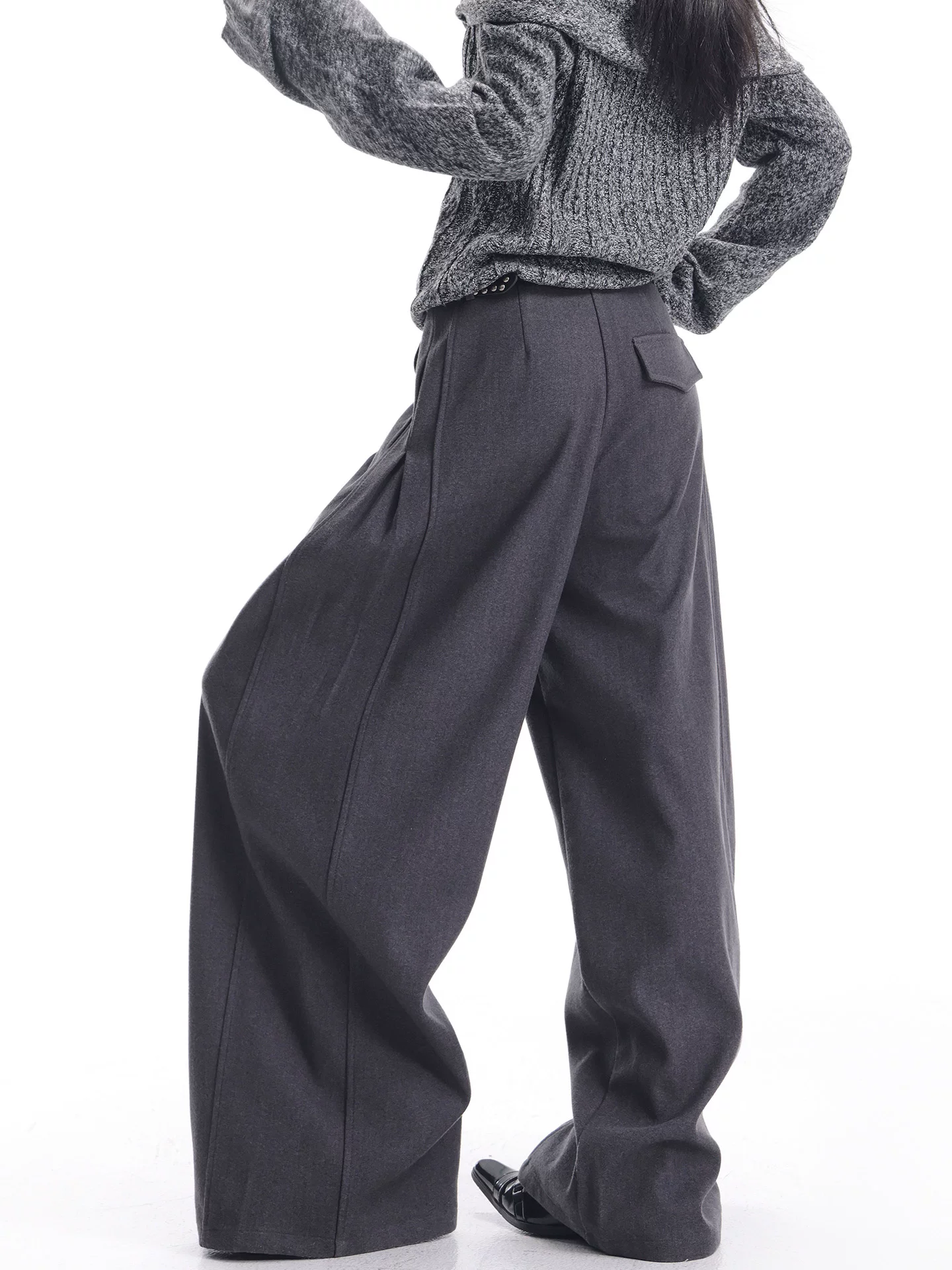 KEN STUDIO Quần vest dày màu xám nhạt mới dành cho nữ mùa thu đông, chất liệu len, dáng rộng, tôn dáng, ống rộng, quần dài đến sàn.