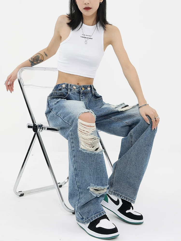 KEN STUDIO thiết kế theo phong cách mùa xuân hè quần jean rách màu gradient quần ống rộng dài đến sàn dành cho nữ