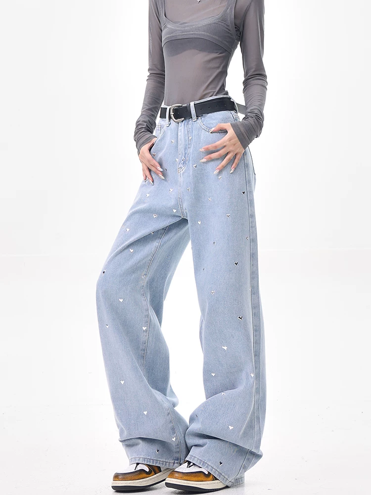KEN STUDIO quần jean ống rộng màu xanh lam cổ điển dành cho nữ mùa hè và mùa thu quần ống rộng dáng rộng thông thường