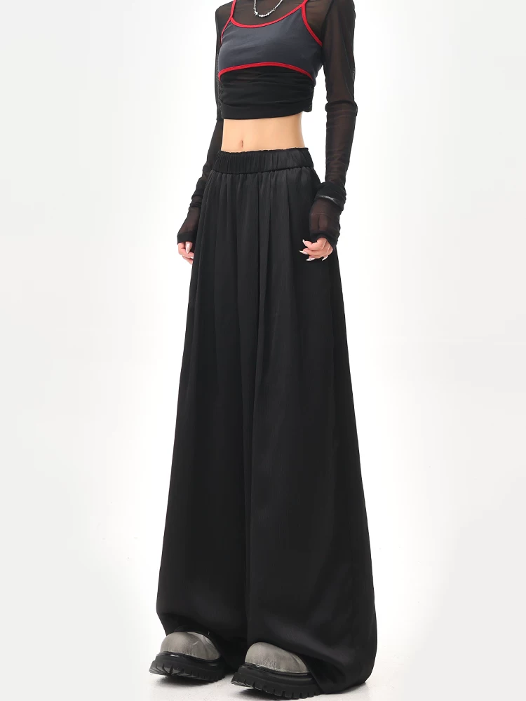 KEN STUDIO mùa hè mới quần âu ống rộng xếp ly màu đen dành cho nữ, quần cạp cao, dáng suôn, quần rộng và tôn dáng