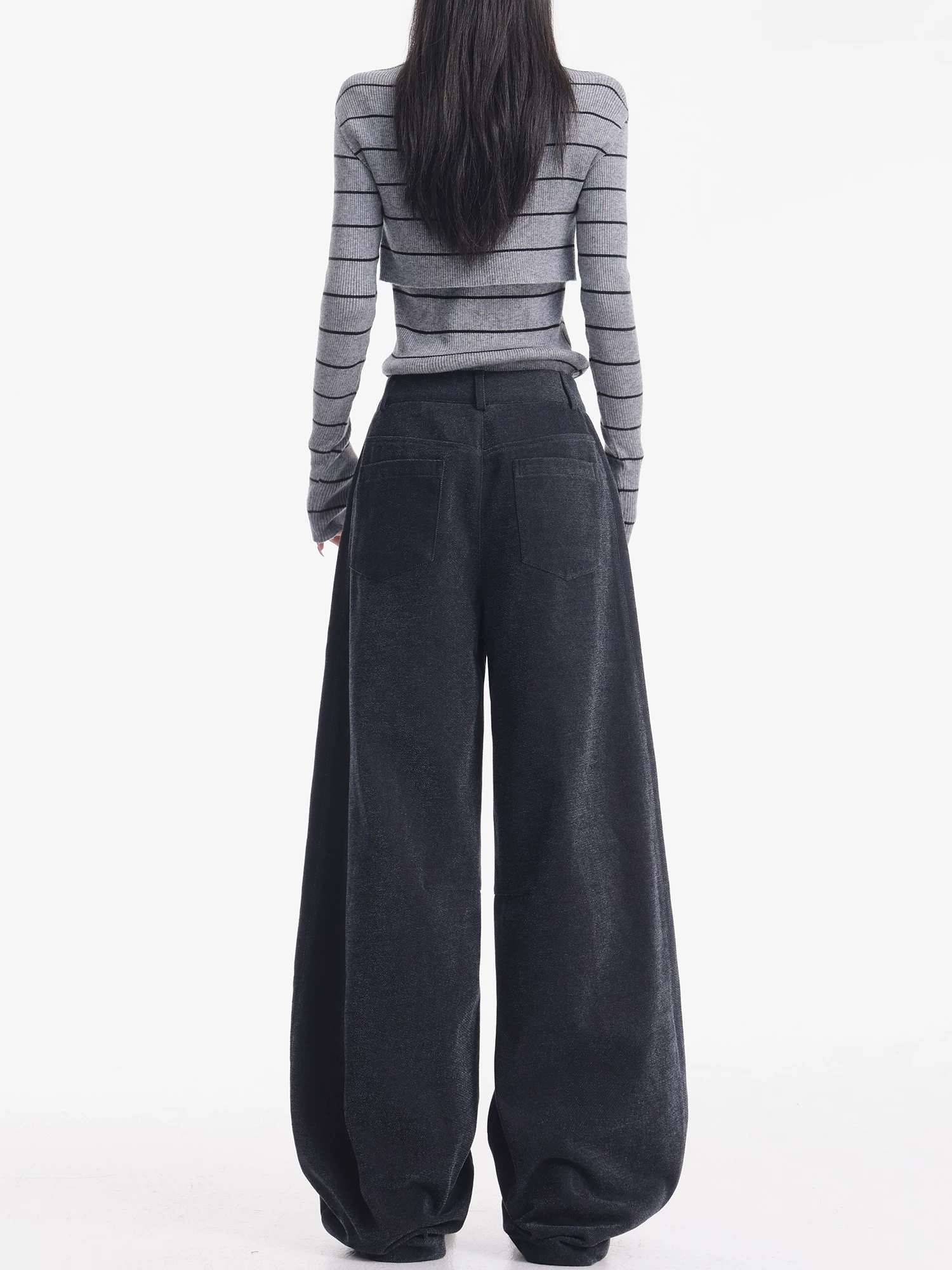 KEN STUDIO Quần thường ngày dày dặn có lót lông màu xám họa tiết hoa mùa thu đông dành cho nữ, quần ống rộng dài đến sàn, cạp cao, tôn dáng.