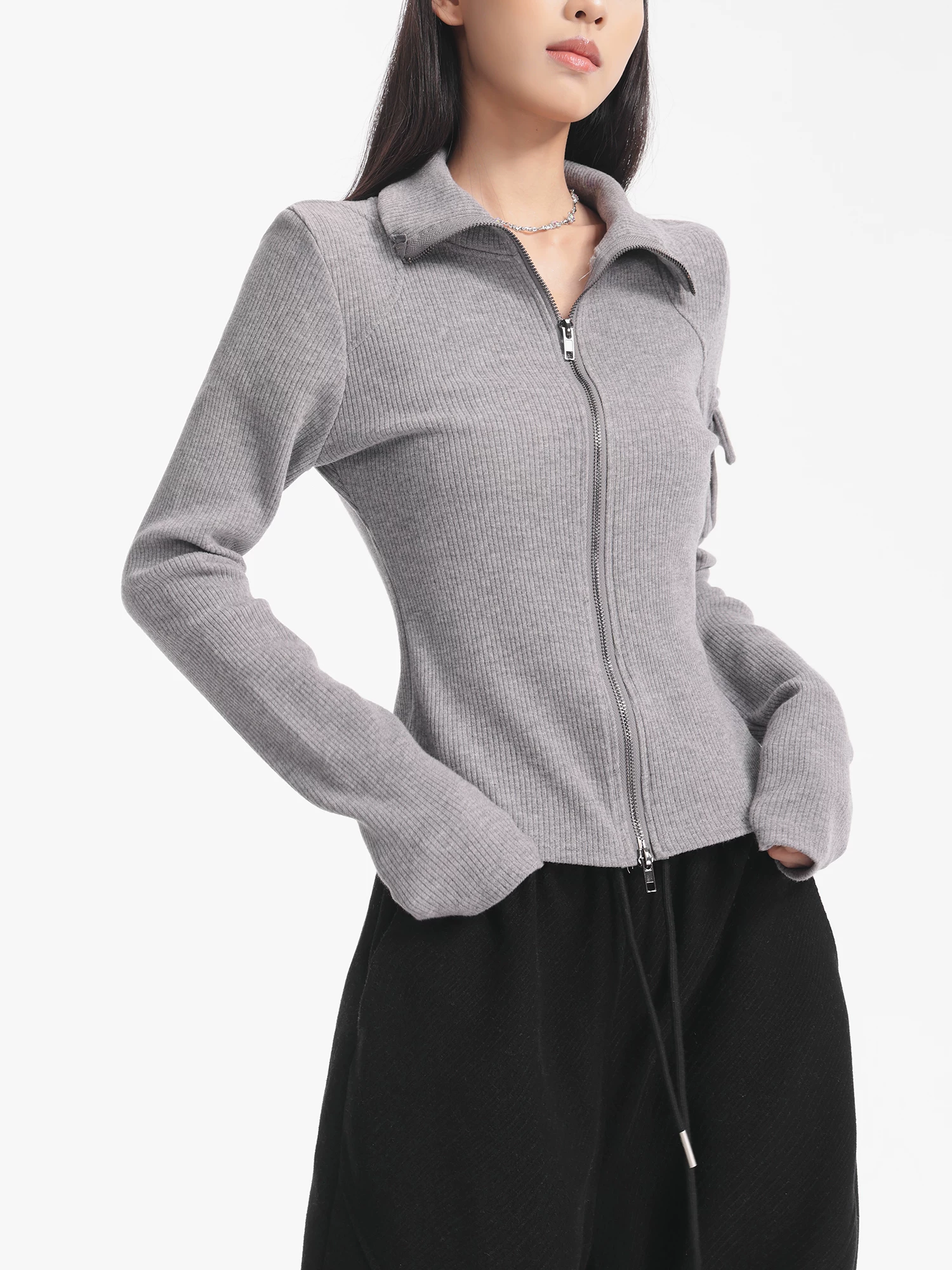 KEN STUDIO Áo khoác dệt kim màu xám mới mùa thu đông dành cho nữ có khóa kéo đôi ve áo cardigan dáng ôm dài tay