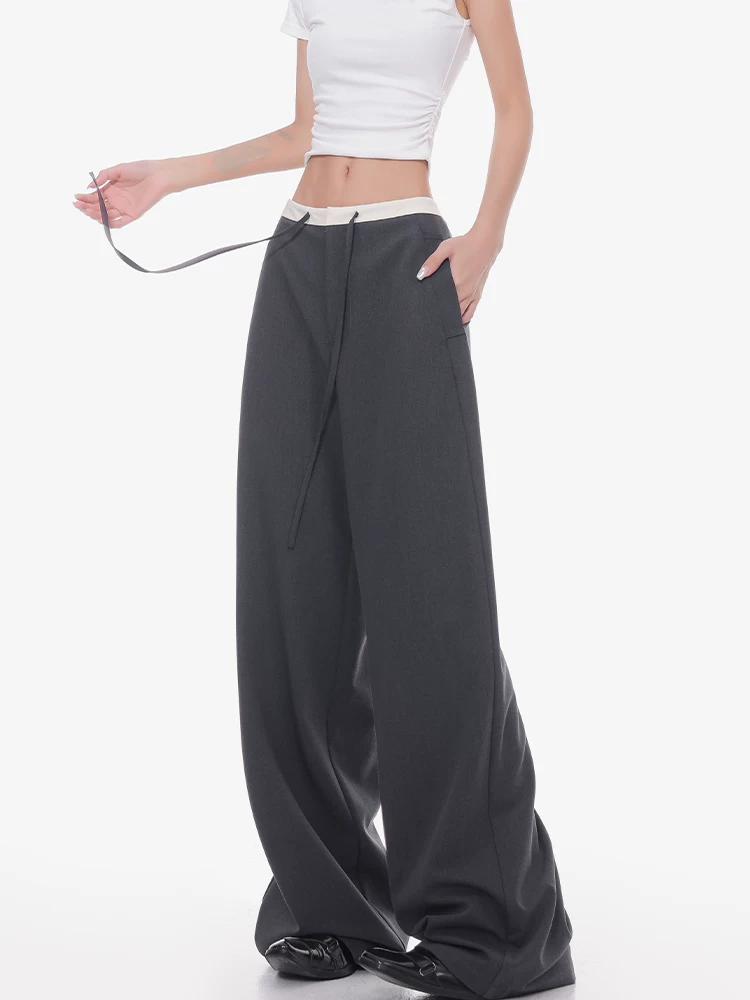 KEN STUDIO phong cách mùa hè mới quần âu ống rộng có dây rút màu xám dành cho nữ với thiết kế phối màu quần ống rộng dáng thẳng