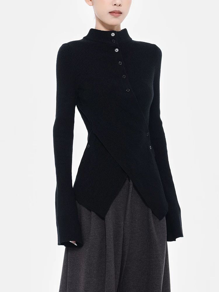 KEN STUDIO Áo dệt kim dáng ôm cổ cao nửa cổ màu đen mới thu đông dành cho nữ với thiết kế bất đối xứng
