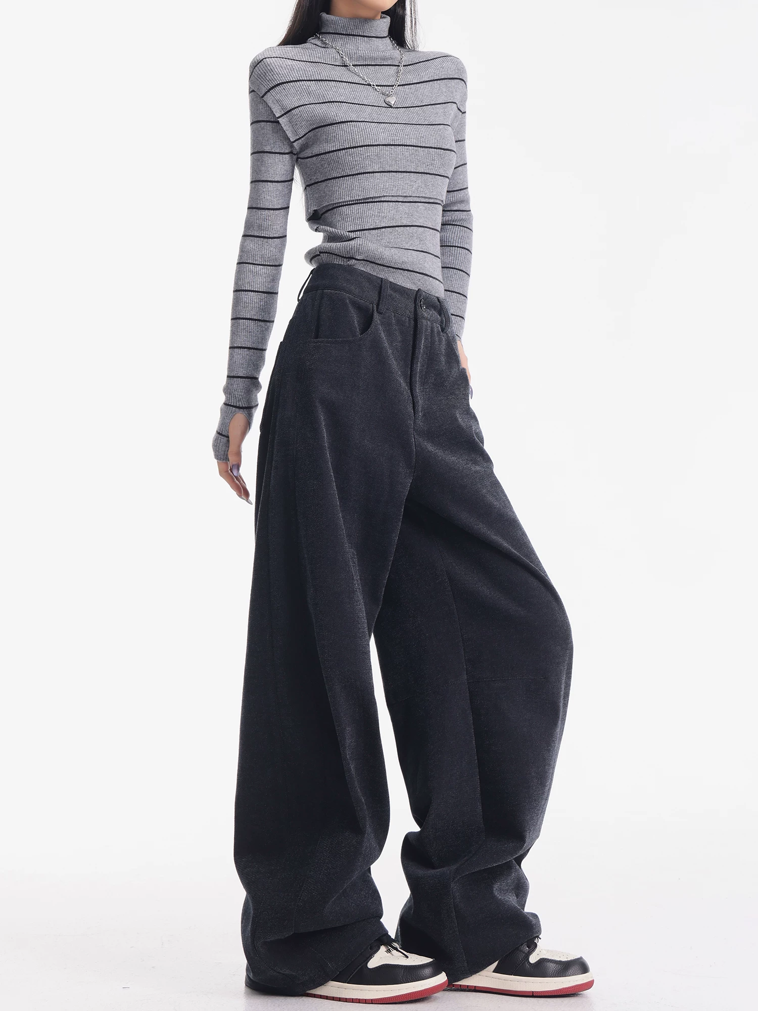 KEN STUDIO Quần thường ngày dày dặn có lót lông màu xám họa tiết hoa mùa thu đông dành cho nữ, quần ống rộng dài đến sàn, cạp cao, tôn dáng.