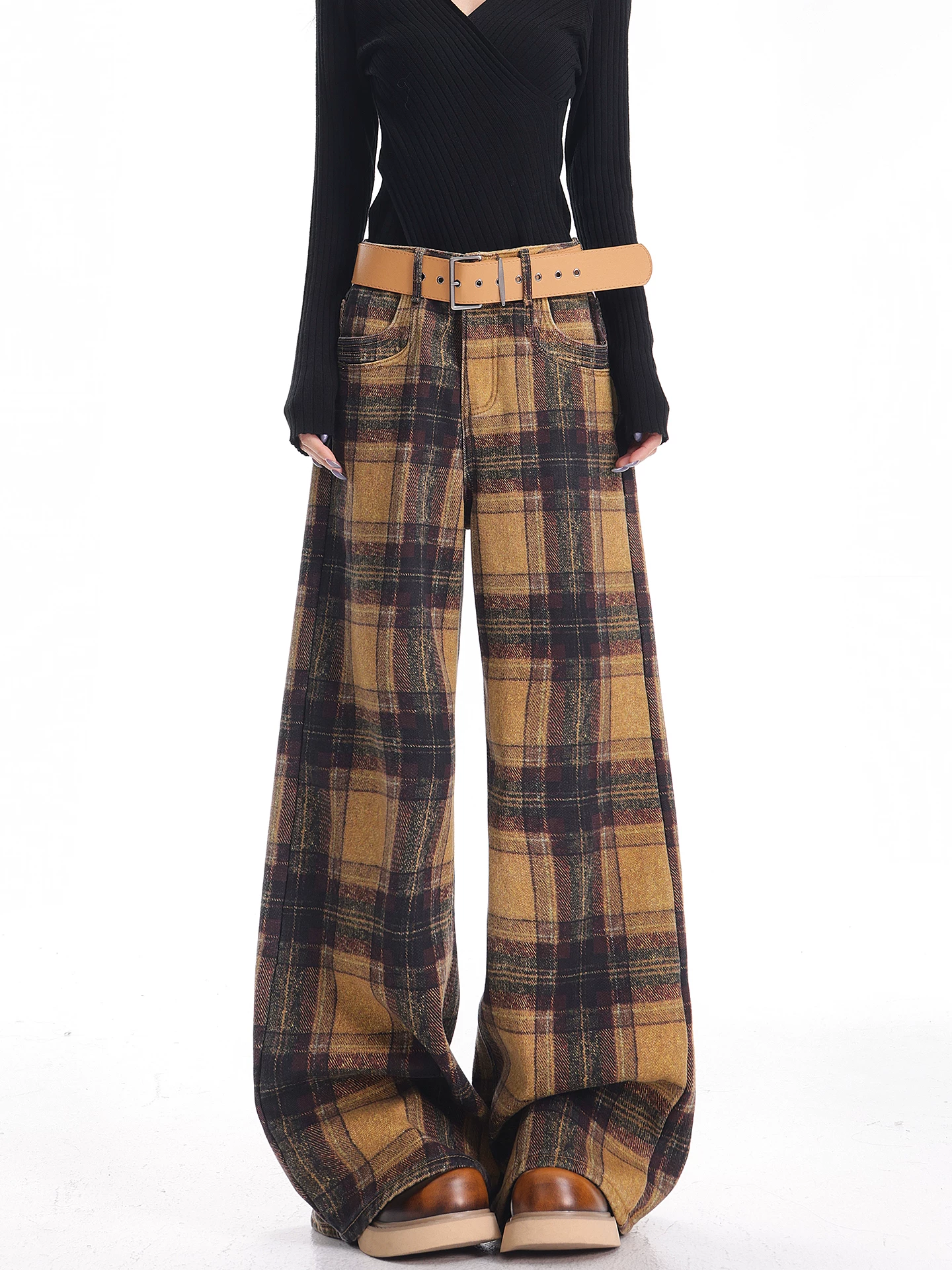 KEN STUDIO quần jean kẻ sọc lót lông màu vàng mới mùa thu đông dành cho nữ, quần ống rộng đa năng theo phong cách retro Mỹ