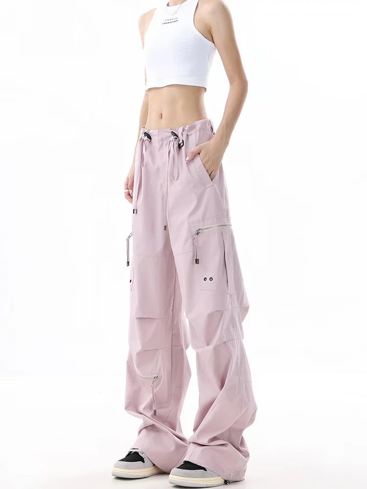 KEN STUDIO Xuân Thu Quần Cargo ống rộng xếp ly màu hồng mới dành cho nữ Quần dài dáng rộng lưng cao dáng rộng giúp giảm béo Quần dài thường ngày