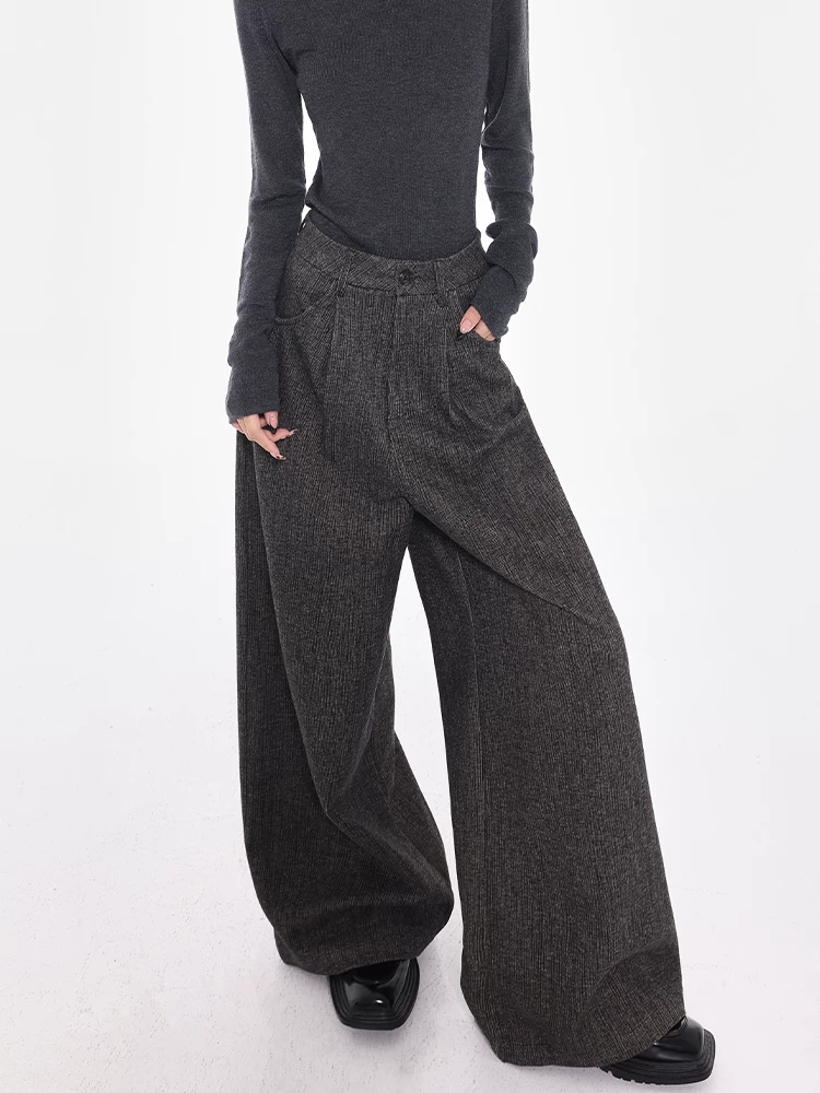 Quần tây ống rộng màu xám dày mùa thu đông của KEN STUDIO dành cho nữ, quần dài dáng rộng ống thẳng đa năng, dáng rộng, dài đến sàn