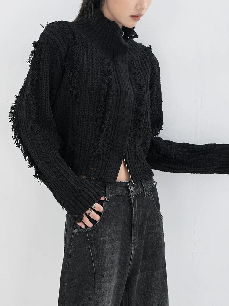 KEN STUDIO mới mùa thu đông áo len đen nữ nửa cổ cao rách áo khoác ngắn có khóa kéo áo dệt kim