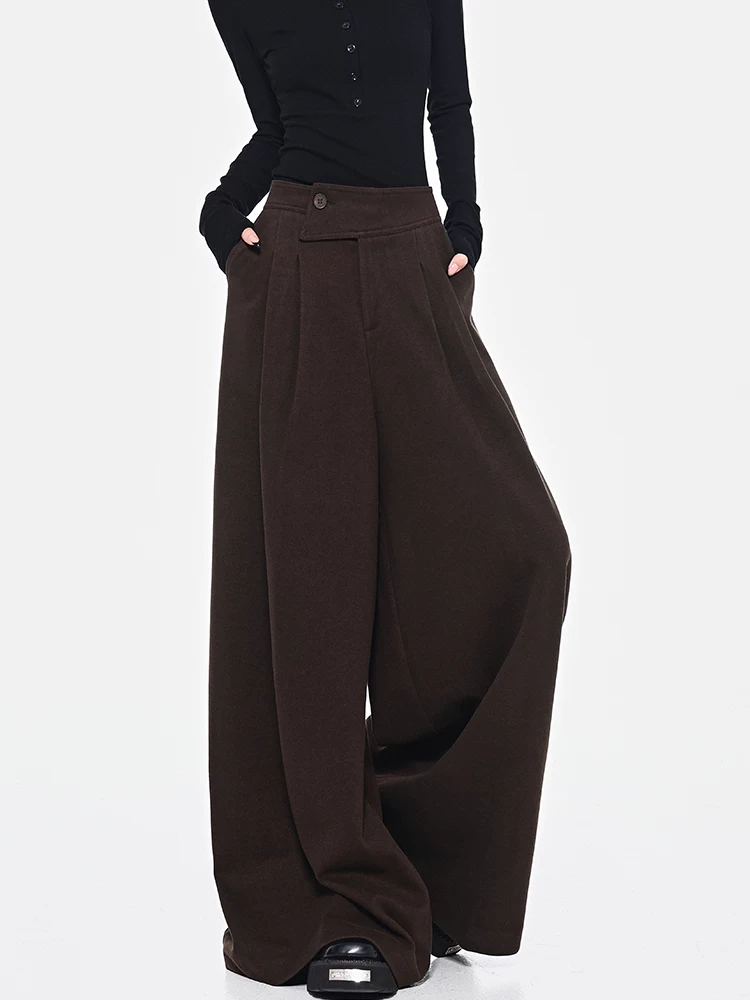 KEN STUDIO Quần len dày màu cà phê mới dành cho nữ mùa thu đông, quần ống rộng thiết kế nút chéo phong cách Melard