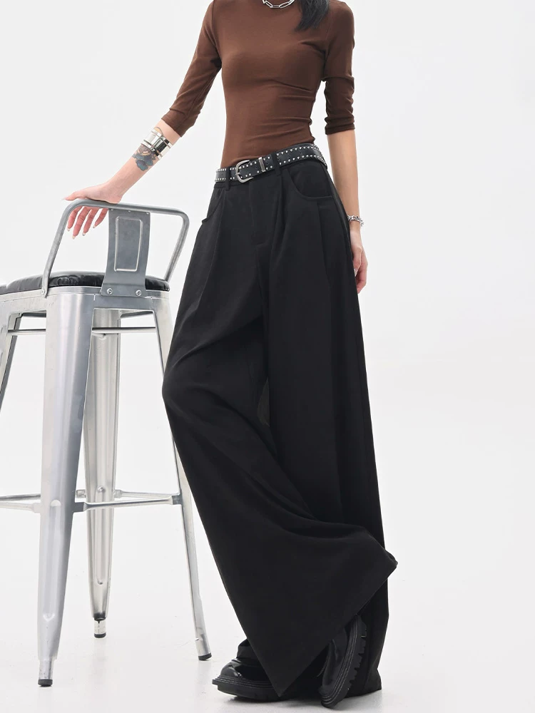 KEN STUDIO mùa thu đông mới quần tây ống rộng da lộn màu đen quần tây nữ thông thường đa năng quần ống đứng quần tây