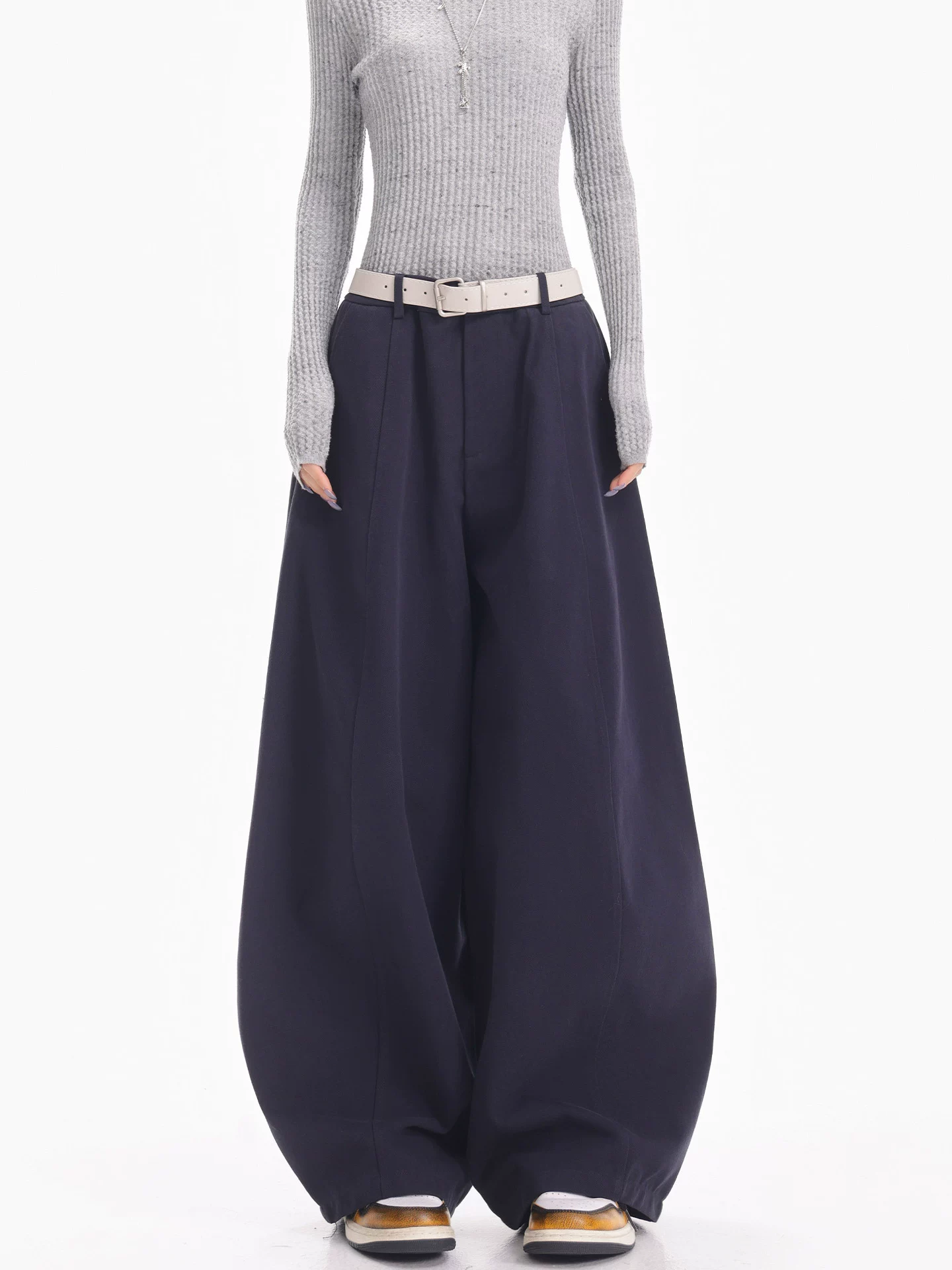 KEN STUDIO Quần ống rộng màu xanh hải quân mới dành cho nữ mùa thu đông, quần ống rộng, dáng rộng, thon gọn, đa năng, kiểu dáng quần thường ngày.