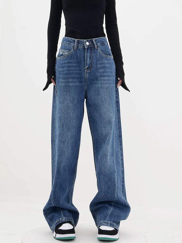 Quần jean ống đứng lưng cao màu xanh KEN STUDIO dành cho nữ, mùa thu đông, lót lông cừu, dáng rộng, giúp chân trông dài hơn, thon gọn hơn và cao hơn.