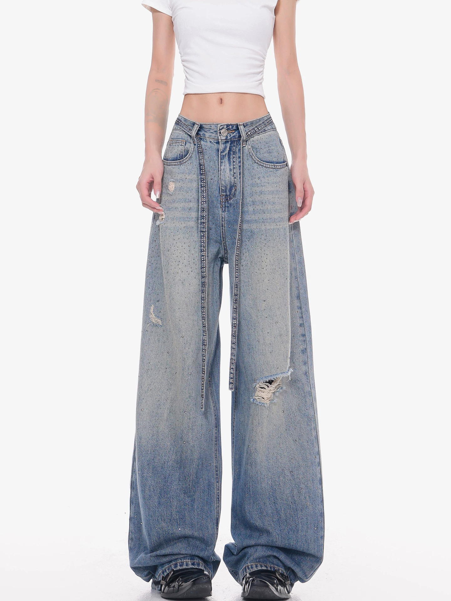 Quần jean rách đính đá Galaxy của KEN STUDIO dành cho nữ, Quần dài ống rộng đính đá hình ngôi sao mùa hè