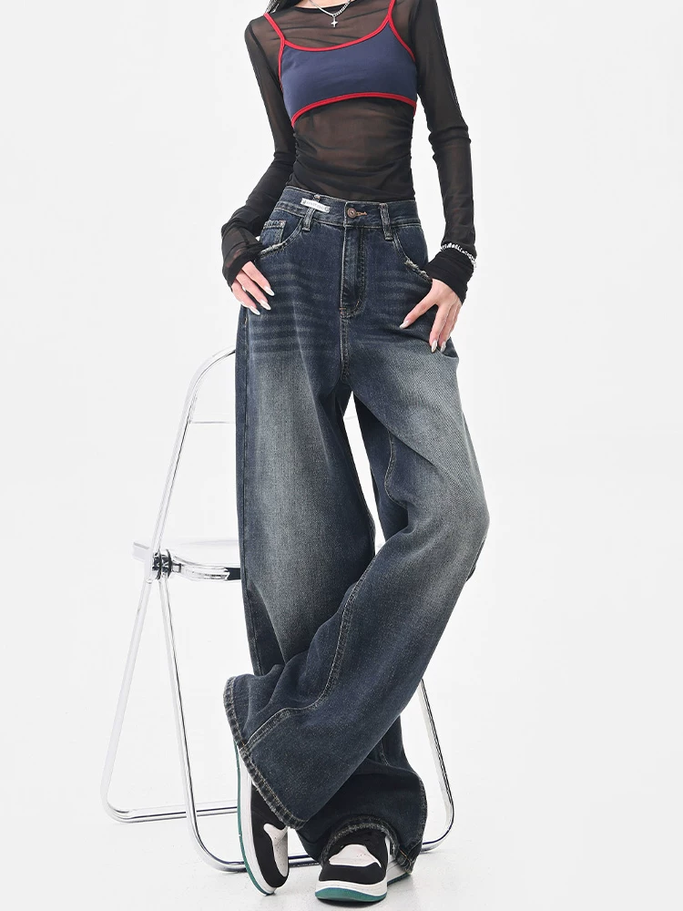 Quần jean ống rộng màu xanh đậm phong cách retro mùa hè và mùa thu của KEN STUDIO dành cho nữ, quần dài dáng rộng và tôn dáng thông thường