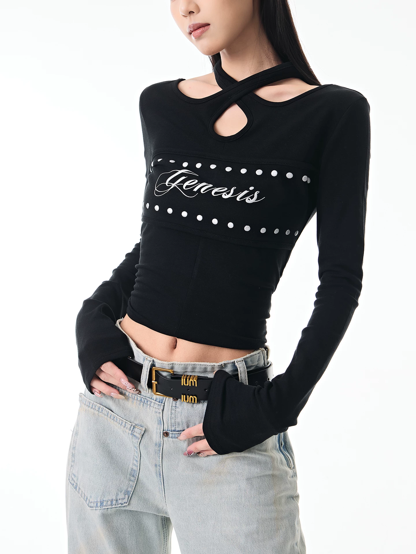 KEN STUDIO Thu Đông Mới Hot Girl Phong Cách Đen Dây Cổ Áo Dài Tay Nữ Slim Fit Đế Áo Sơ Mi Hàng Đầu