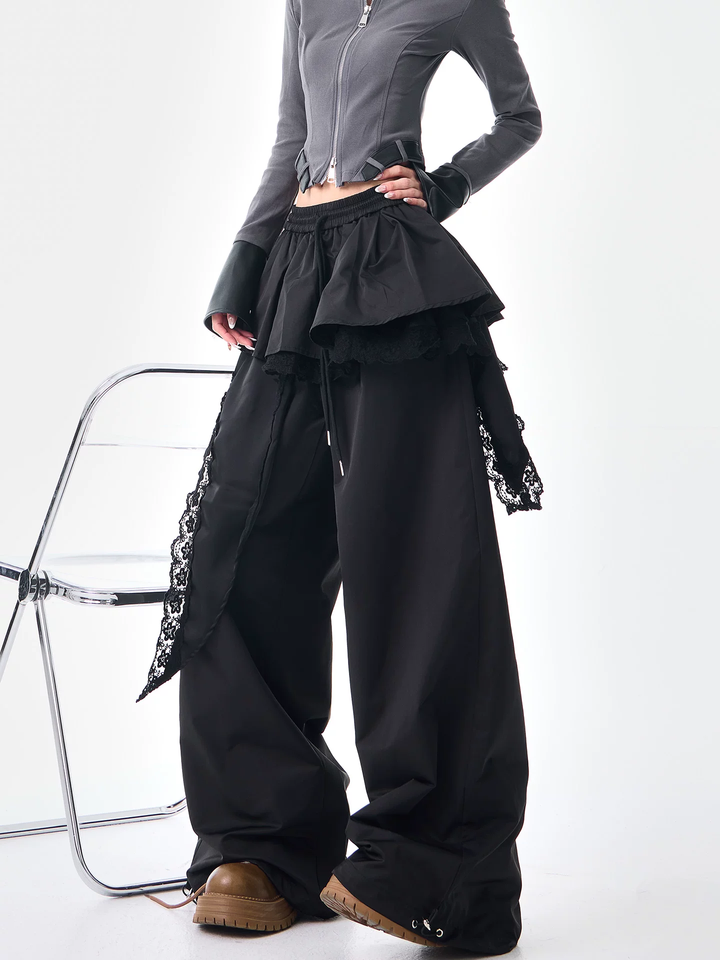 KEN STUDIO đầu mùa thu phong cách mới quần giả hai mảnh màu đen ống rộng kiểu dáng giản dị dành cho nữ với thiết kế viền ren quần ống thẳng