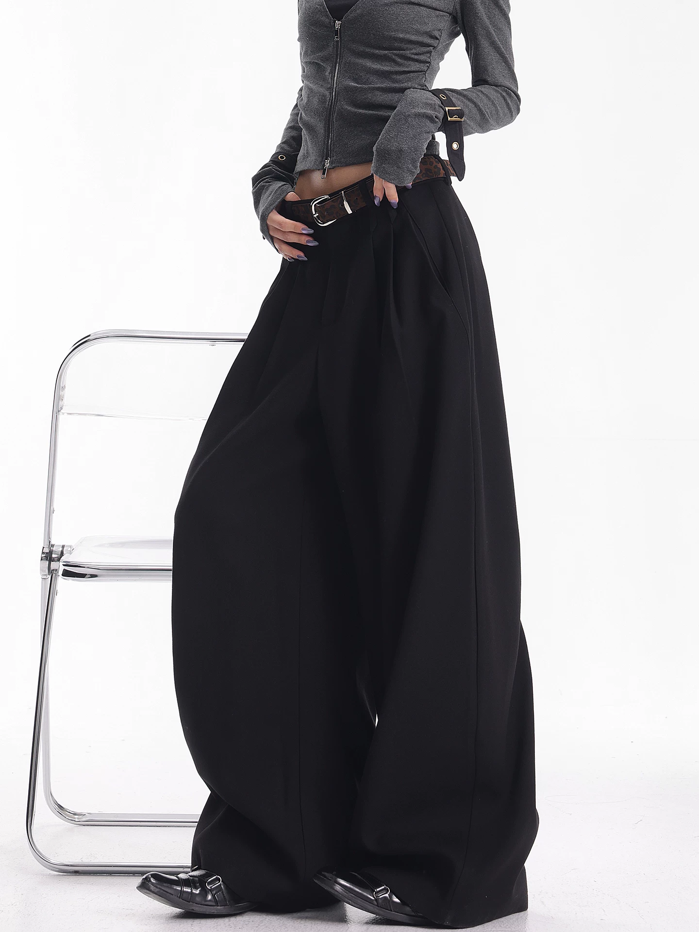 KEN STUDIO Quần tây ống rộng màu đen chải kỹ mùa thu đông mới dành cho nữ, quần dài xếp ly dáng rộng, dáng rộng, dài đến sàn