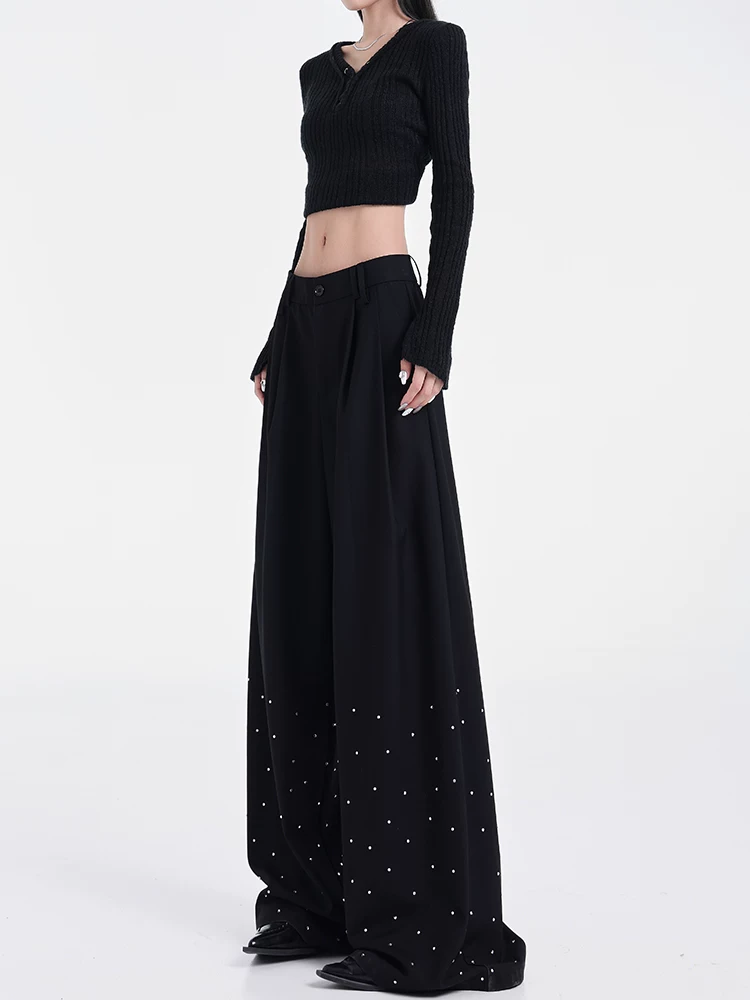 KEN STUDIO nguyên bản mùa hè và mùa thu mới thiết kế đính đá màu đen phù hợp với quần đa năng quần ống rộng dáng rộng giảm béo