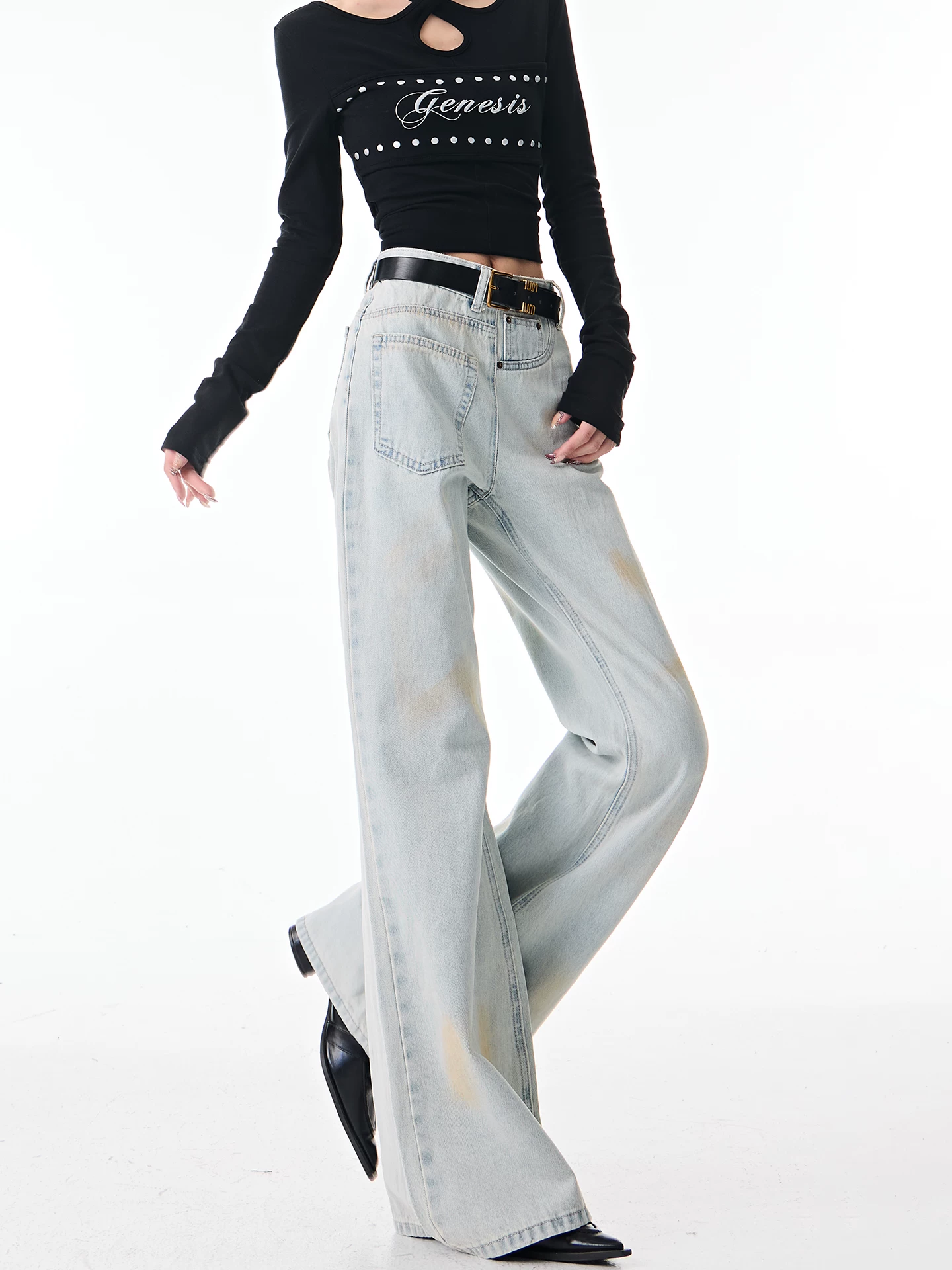 KEN STUDIO Quần jean ống loe màu xanh mùa thu mới dành cho nữ với thiết kế khóa kéo bên hông, quần ống loe dáng rộng