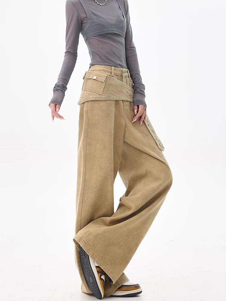 KEN STUDIO Quần denim kaki cổ điển kiểu Mỹ dành cho nữ, quần ống rộng thiết kế mới dành cho mùa hè và mùa thu.