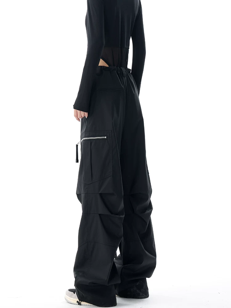 KEN STUDIO Quần ống rộng màu đen mới mùa xuân thu dành cho nữ, thiết kế thon gọn vòng eo, quần jogger rộng rãi.