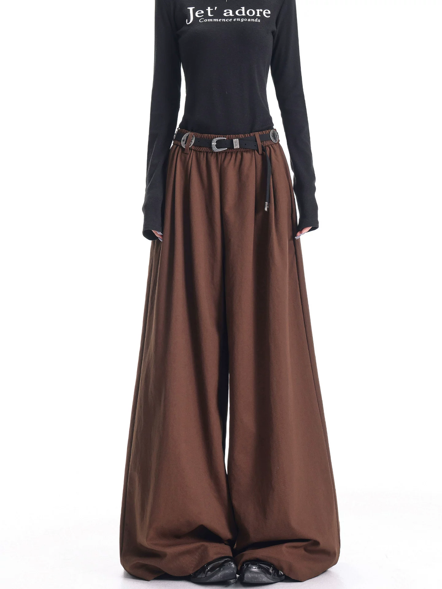 KEN STUDIO quần ống rộng màu cà phê cổ điển mới mùa thu đông dành cho nữ, quần Yamamoto ống rộng cạp cao giúp thon gọn.