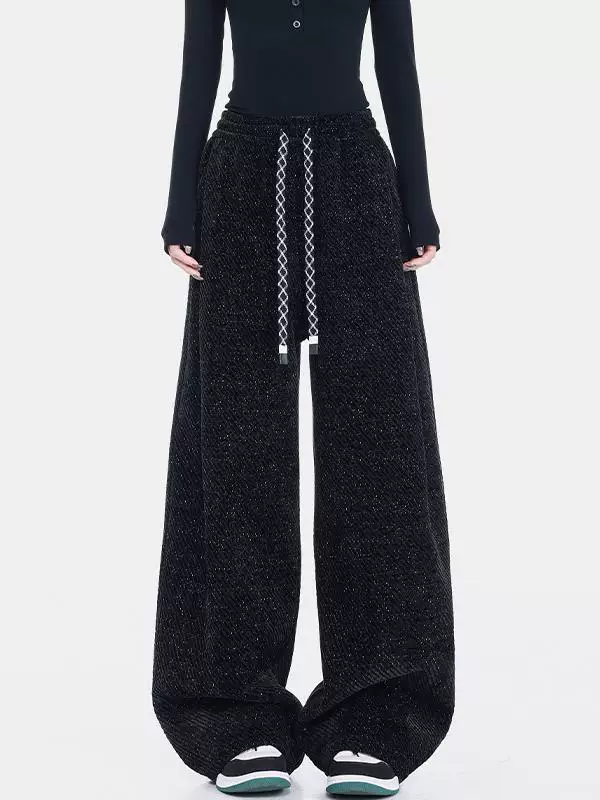 KEN STUDIO quần dài có dây rút lót lông cừu mùa thu đông màu đen dành cho nữ, quần ống rộng dáng rộng giảm béo