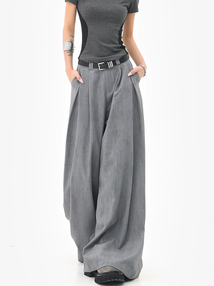 KEN STUDIO mùa hè mới màu xám quần âu ống rộng xếp ly quần âu nữ thẳng dáng rộng quần âu quần âu thường ngày