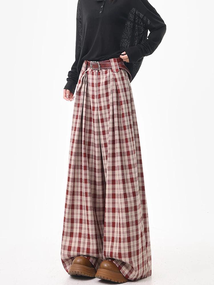 KEN STUDIO quần âu kẻ sọc đỏ cổ điển kiểu Mỹ dành cho nữ, thiết kế mùa hè và mùa thu, quần âu ống rộng lưng cao dáng thẳng