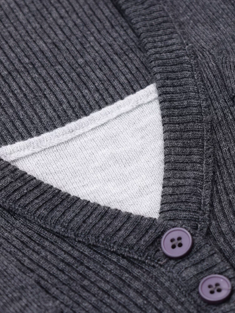 Áo len dệt kim giả hai mảnh màu xám của KEN STUDIO dành cho nữ, áo thun dài tay cổ polo dáng ôm mùa xuân thu, áo thun dài tay