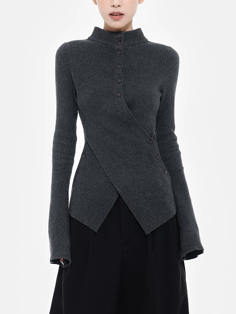 KEN STUDIO thiết kế cao cấp áo dệt kim cổ cao nửa cổ bất đối xứng dành cho nữ, áo dáng ôm vừa vặn mới mùa thu đông