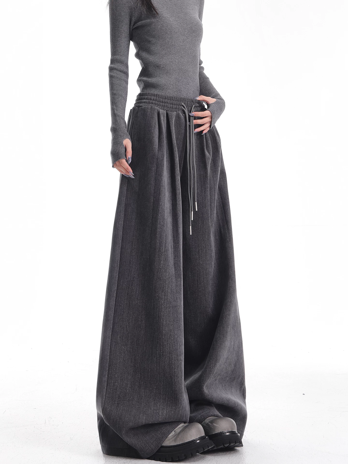 KEN STUDIO Quần thường ngày dày dặn lót lông cừu màu xám mới dành cho nữ, quần ống rộng dáng rộng có dây rút