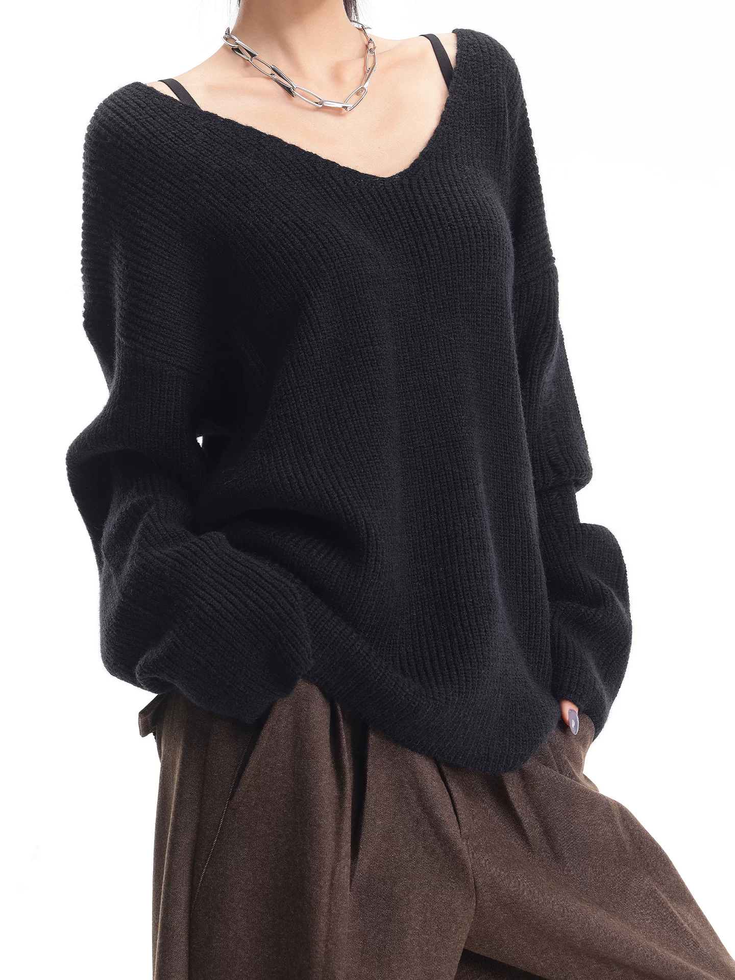 KEN STUDIO Áo dệt kim cổ chữ V màu đen mùa thu đông dành cho nữ, áo dệt kim dáng rộng kiểu dáng lười biếng giúp giảm béo